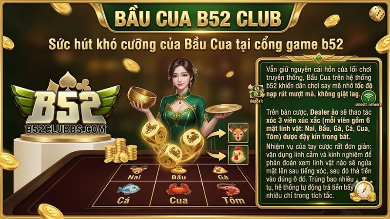 Giao diện bàn cược Bầu Cua tôm cá sắc nét và xanh chín tại cổng game b52
